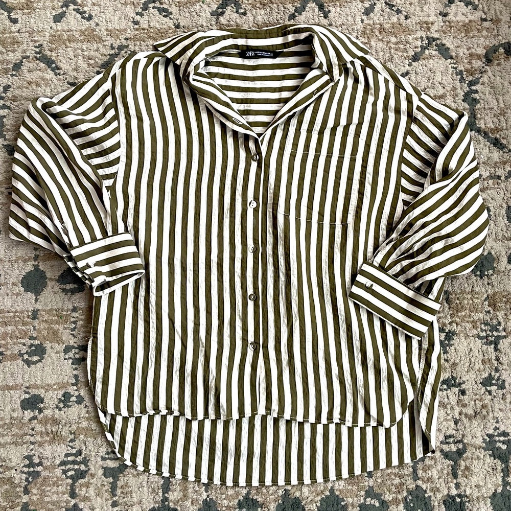 Striped Zara Blouse Women’s XS High Low Olive Green White Office Casual Stripes